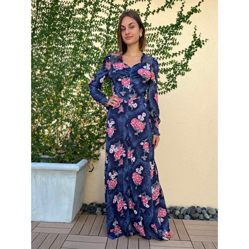 Romantic 1970's Mindy Malone blue pink floral tie back long sleeve maxi dress